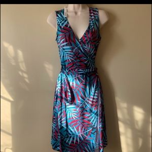 Tropical print wrap dress.